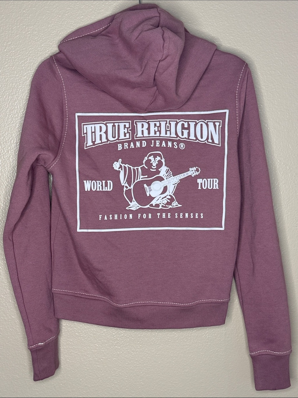 True Religion Women's Big T Zip Hoodie - Mauve World Tour Buddha Y2K Style